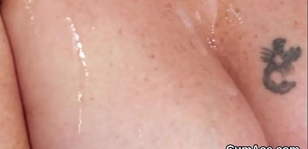  Horny honey gets cum shot on her face swallowing all the semen